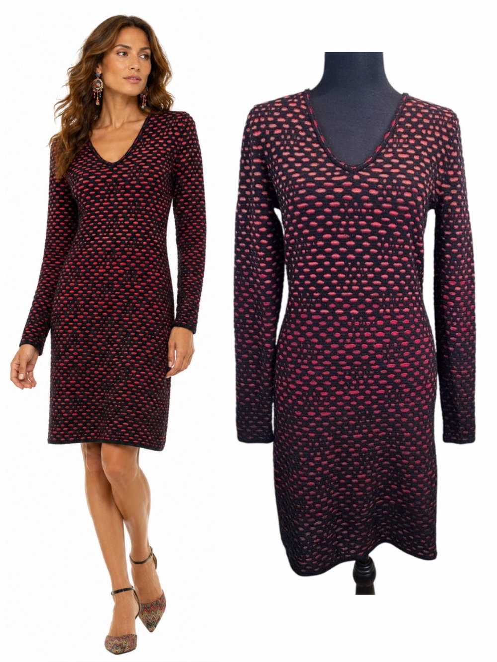 M Missoni Black Red Ripple Knit Long Sleeve Bodycon Sweater Dress Sz M Designer